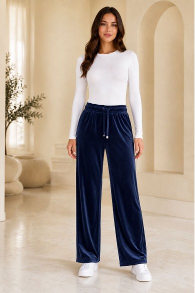 Fransız Kadife Lacivert Kadın Pijama Altı
